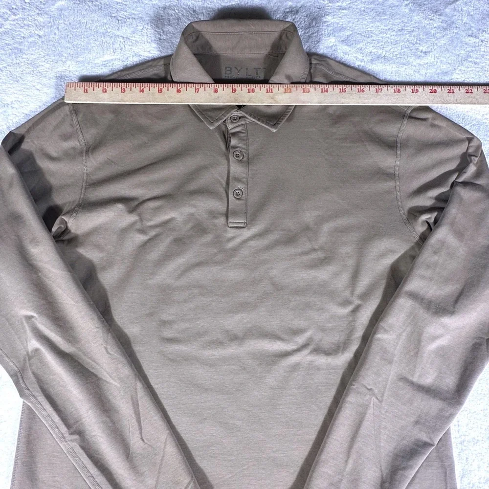 BYLT Long Sleeve Polo Men Large Fawn Lux Cotton Blend Curved Hem Stretch